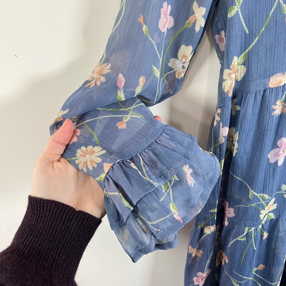 Patrons Of Peace Floral Tiered Maxi Dress Long Sleeve Blue Lined Womens XS Boho - Picture 3 of 6